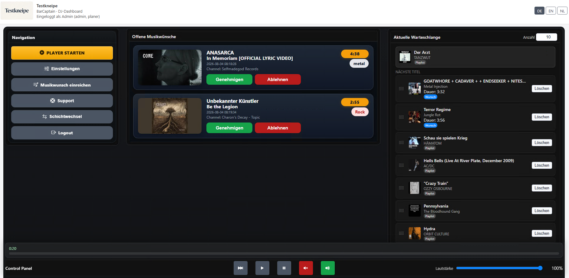 BarCaptain digitale Jukebox Wunschscreen für Gäste